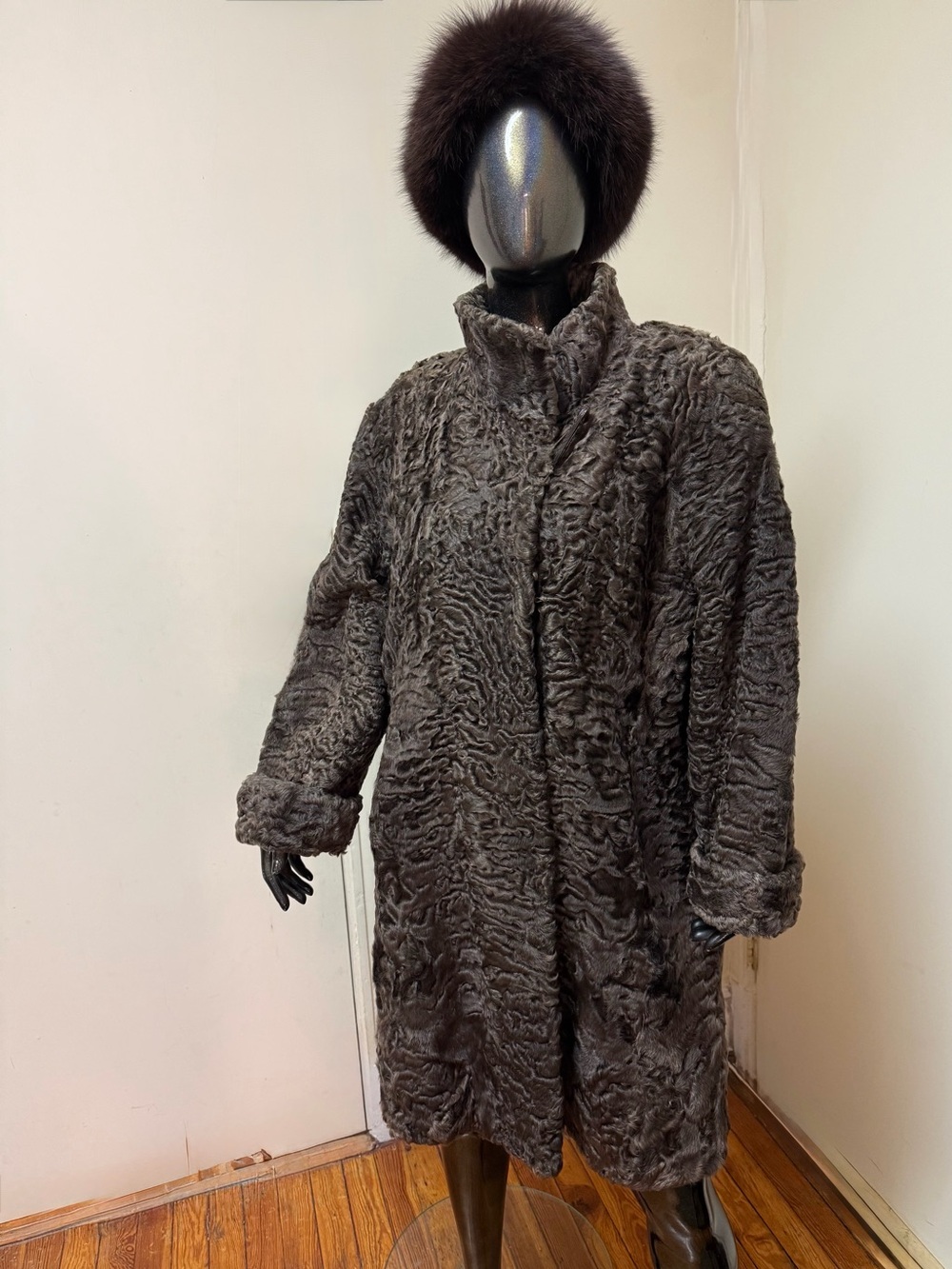 Grey Brown Karakul Real Lamb Fur Coat Superlight Midi Length Sz XL